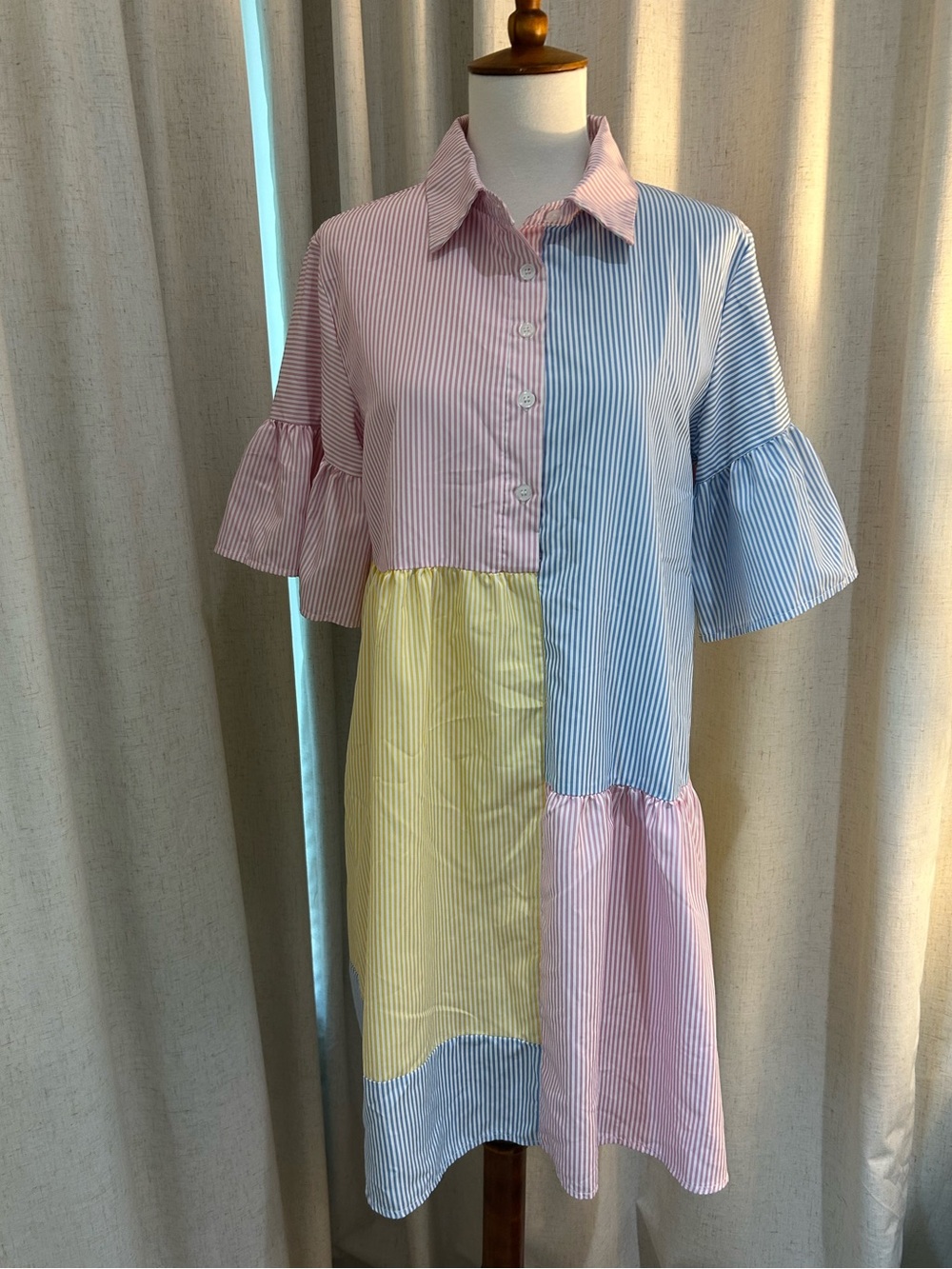 Striped Patchwork Colorblock Button-Up Mini Shirt Dress Sz S Ruffle Bell Sleeve - Picture 2 of 9
